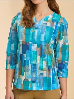 New Notch Neck Teal & Aqua Abstract Print 3/4 Sleeve Top